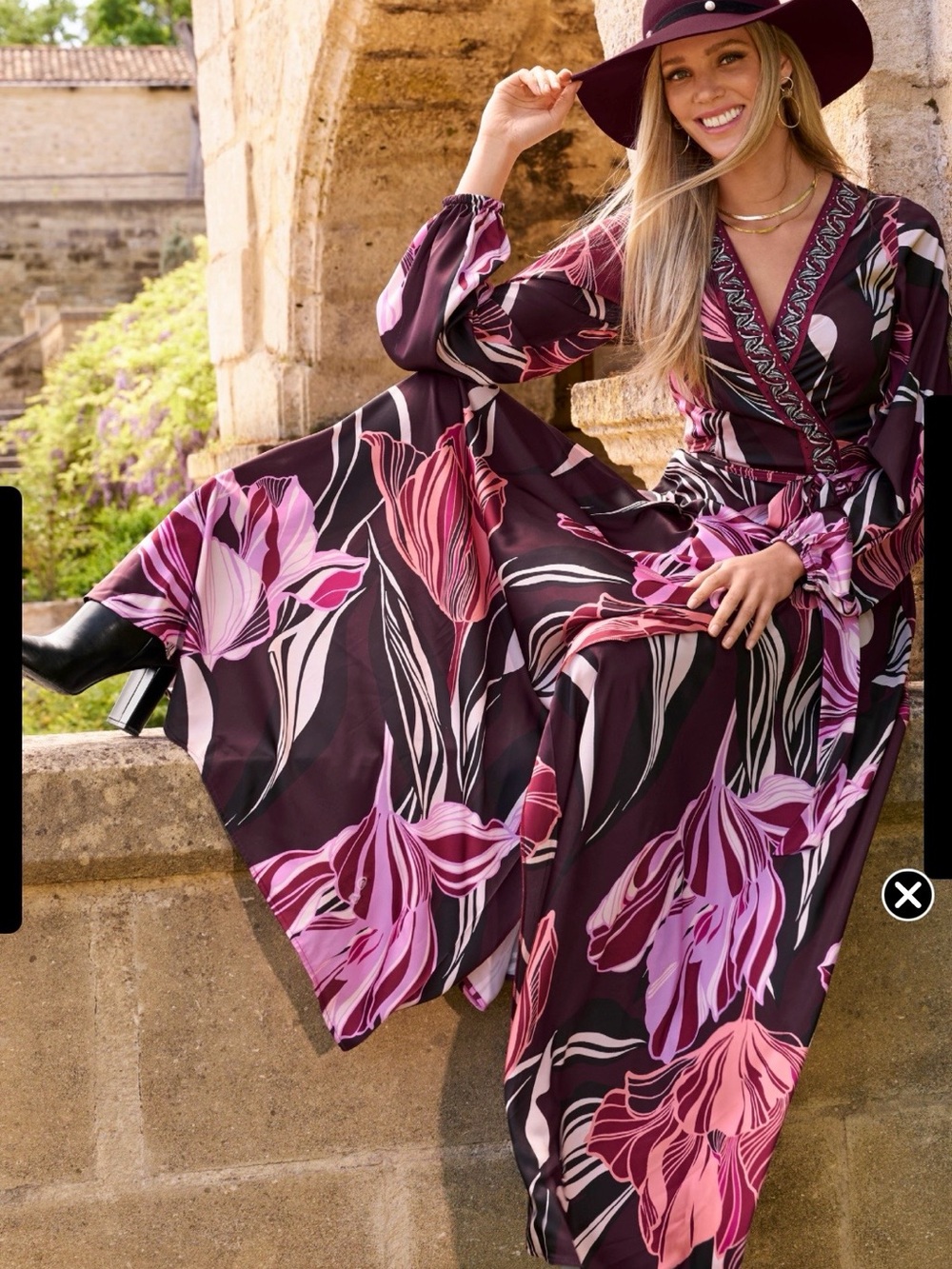 Boston Proper Plum Floral Wrap Maxi Dress with Pink Accents